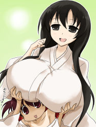 Rule 34 | 2girls, age difference, black eyes, black hair, breast lift, breast rest, breasts, breasts on head, female focus, grabbing, grabbing another&#039;s breast, huge breasts, iwato kasumi, japanese clothes, long hair, miko, multiple girls, open mouth, oro (zetsubou girl), saki (manga), translated, usuzumi hatsumi