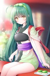 Rule 34 | 1girl, :o, ahoge, bad id, bad pixiv id, blurry, blurry background, brown eyes, depth of field, feet out of frame, food, gradient kimono, green hair, green hairband, green kimono, hairband, japanese clothes, kimono, looking at viewer, muneate, murano, parted lips, short sleeves, sitting, solo, tasuki, touhoku zunko, voiceroid, white kimono