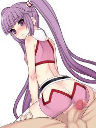 Rule 34 | 1boy, 1girl, ass, back, bitter sweet (fragment), blush, censored, highres, penis, purple eyes, purple hair, simple background, sophie (tales), tales of (series), tales of graces, twintails, white background