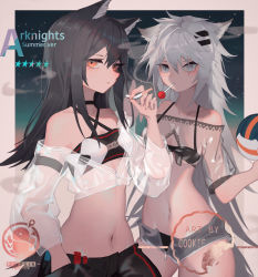 Rule 34 | 2girls, animal ears, arknights, arm strap, artist name, bandeau, beige border, black bandeau, black choker, black hair, black shorts, blue eyes, breasts, candy, chinese commentary, choker, cigarette, closed mouth, collarbone, commentary request, cookie (ppyf5328), copyright name, cowboy shot, criss-cross halter, english text, female focus, food, hair ornament, hairclip, halterneck, hand in pocket, hand up, hands up, highres, holding, holding cigarette, jacket, lappland (arknights), linea alba, lollipop, long hair, looking at viewer, multiple girls, navel, orange eyes, penguin logistics logo, scar, scar across eye, scar on face, see-through, see-through jacket, see-through shirt, short shorts, shorts, silver hair, slit pupils, small breasts, smoke, smoking, spaghetti strap, star (symbol), texas (arknights), wolf ears