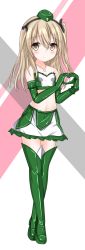 Rule 34 | 1girl, bare shoulders, black ribbon, blush, boots, breasts, brown eyes, closed mouth, closers, commentary request, crop top, cross, cross necklace, elbow gloves, frilled skirt, frills, full body, garrison cap, girls und panzer, gloves, green footwear, green gloves, green hat, green skirt, hair ribbon, hat, highres, jewelry, langley1000, light brown hair, long hair, looking at viewer, midriff, miniskirt, navel, necklace, one side up, partial commentary, race queen, ribbon, shimada arisu, skirt, small breasts, smile, solo, standing, strapless, thigh boots, thighhighs