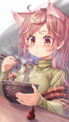 Rule 34 | 1girl, animal ear fluff, animal ears, blowing, blowing on food, blush, bowl, cat ears, chopsticks, eyes visible through hair, female focus, food, highres, jewelry, looking at food, mitake eil, nail polish, necklace, noodles, original, pink hair, pink nails, ponytail, signature, soba, solo, turtleneck