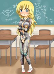 Rule 34 | 1girl, blonde hair, blue eyes, blush, breasts, chalkboard, cigarette, classroom, female focus, full-body tattoo, highres, long hair, looking at viewer, navel, nipple piercing, nipple tag, nipples, nude, open mouth, original, piercing, pussy, school, seiji (artist), solo, standing, tattoo, uncensored