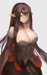 Rule 34 | 1girl, absurdres, arms behind back, bare shoulders, black dress, black gloves, box, breasts, brown hair, cjyoung, cleavage, closed mouth, collarbone, detached collar, dress, elbow gloves, fate/apocrypha, fate (series), gift, gift box, gloves, highres, large breasts, long hair, looking at viewer, pointy ears, semiramis (fate), sidelocks, solo, very long hair, yellow eyes