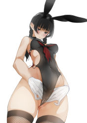 Rule 34 | 1girl, animal ears, black eyes, black hair, black leotard, black thighhighs, blush, braid, breasts, cameltoe, cleft of venus, closed mouth, covered navel, fake animal ears, fishnet thighhighs, fishnets, from below, glint, gloves, highleg, highres, leotard, long hair, looking down, neckerchief, original, partially visible vulva, playboy bunny, rabbit ears, red neckerchief, sailor collar, sideless outfit, solo, standing, thighhighs, tsukino wagamo, twin braids, wedgie, white gloves