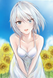 Rule 34 | 10s, 1girl, :d, anastasia (idolmaster), blue eyes, blush, breasts, cleavage, day, dress, flower, idolmaster, idolmaster cinderella girls, leaning forward, looking at viewer, nannacy7, open mouth, revision, short hair, silver hair, smile, solo, sundress, sunflower, white dress