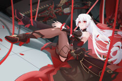 Rule 34 | 1girl, absurdres, bare shoulders, black dress, breasts, chainsaw, closed mouth, detached sleeves, dress, earrings, flower, hair between eyes, hair ornament, hei yubai yuan, highres, honkai (series), honkai impact 3rd, jewelry, large breasts, long hair, long sleeves, theresa apocalypse (luna kindred), red eyes, red flower, red rose, rose, solo, theresa apocalypse, theresa apocalypse (lunar vow: crimson love), thighhighs, tongue, tongue out