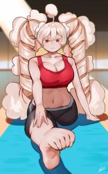 Rule 34 | 1girl, bare shoulders, barefoot, blonde hair, breasts, cleavage, colored eyelashes, drill hair, foreshortening, highres, midriff, navel, original, plantar flexion, red eyes, ryusei hashida, solo, split, sports bra, twin drills, wavy mouth