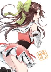 Rule 34 | 10s, 1girl, brown hair, detached sleeves, dress, gloves, hair ribbon, headband, jintsuu (kancolle), jintsuu kai ni (kancolle), kantai collection, long hair, mirakururu, ribbon, sailor dress, solo, thighs, translation request