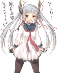 Rule 34 | 10s, 1girl, brown eyes, dress, fingerless gloves, gloves, hair ornament, kantai collection, komeshiro kasu, long hair, murakumo (kancolle), neckerchief, pantyhose, personification, silver hair, solo, translation request, twintails, white dress