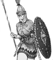Rule 34 | 1girl, absurdres, armor, bad id, bad twitter id, cowboy shot, greyscale, head tilt, helmet, highres, holding, holding polearm, holding shield, holding weapon, legionnaire, looking at viewer, monochrome, original, parted lips, polearm, scabbard, sheath, shield, simple background, smile, solo, spear, standing, sword, wass nonnam, weapon, white background