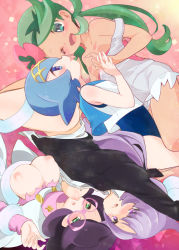 Rule 34 | 4girls, anabel (pokemon), bare shoulders, black jacket, black ribbon, blue hair, blue one-piece swimsuit, blue sailor collar, blush, bottomless, breasts, breasts out, chorimokki, creatures (company), dark-skinned female, dark skin, eye contact, flower, game freak, green eyes, green hair, hair flower, hair ornament, hair ribbon, half-closed eyes, hand up, headband, jacket, lana (pokemon), large breasts, long hair, long sleeves, looking at another, looking at viewer, mallow (pokemon), matching hair/eyes, multiple girls, nintendo, nipples, one-piece swimsuit, one eye closed, open clothes, open jacket, open mouth, open shirt, overalls, pink background, pink shirt, pokemon, pokemon sm, ponytail, purple eyes, purple hair, red flower, ribbon, sailor collar, shirt, short hair, sleeveless, sleeveless shirt, small breasts, smile, swimsuit, swimsuit under clothes, tongue, tongue out, torn clothes, turtleneck, twintails, white shirt, wicke (pokemon), wink, yuri