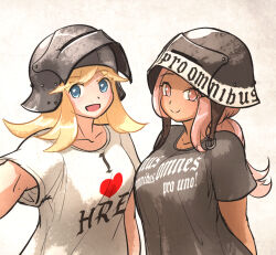 Rule 34 | 2girls, :d, black shirt, blonde hair, breasts, closed mouth, clothes writing, collarbone, ebenholz (ironlily), english text, perlweiss (ironlily), green eyes, grey background, helmet, highres, i heart..., ironlily, large breasts, latin text, long hair, multiple girls, open mouth, original, pink hair, ponytail, shirt, short sleeves, smile, translation request, upper body, visor (armor), visor lift, white shirt