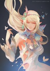 Rule 34 | 2017, blonde hair, bug, butterfly, closed eyes, detached sleeves, dress, earrings, elezen, elf, final fantasy, final fantasy xiv, floating hair, gradient background, headdress, highres, insect, jewelry, long hair, moogie (shinjyu), pointy ears, torn clothes, watermark, web address, white dress, white mage (final fantasy)