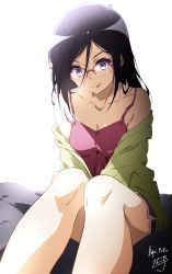 Rule 34 | 1girl, :p, bed, black hair, black shorts, blue eyes, breasts, camisole, casual, cleavage, commentary request, feet out of frame, glasses, hair between eyes, hibike! euphonium, highres, jacket, long hair, looking at viewer, nii manabu, over-rim eyewear, pink camisole, red-framed eyewear, semi-rimless eyewear, shorts, simple background, sitting, smile, solo, tanaka asuka, tongue, tongue out, white background, yellow jacket