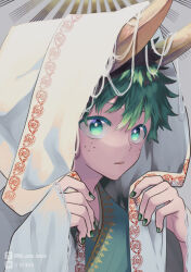 Rule 34 | 1boy, alternate costume, alternate universe, boku no hero academia, bright pupils, clothes grab, clothing request, colored eyelashes, fingernails, fleur-de-lis, freckles, green eyes, green hair, green nails, grey background, hair between eyes, hands up, highres, horns, looking at another, looking at viewer, looking to the side, male focus, midoriya izuku, oni, oni horns, parted lips, pixiv id, pixiv logo, short hair, sideways glance, solo, sunburst, sunburst background, twitter logo, twitter username, ume (326310), upper body, white pupils