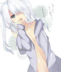 Rule 34 | 1girl, bad id, bad pixiv id, blue eyes, ciel sacred, duplicate, hair over one eye, long hair, mishima kurone, navel, off shoulder, open clothes, original, solo, translated, white hair