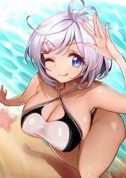 Rule 34 | .live, 1girl, :q, arm up, bare shoulders, beach, blue eyes, breasts, cleavage, commentary request, covered erect nipples, day, from above, hair ornament, hairclip, highres, large breasts, looking at viewer, looking up, manyuu kaeru tasuke sansei, one eye closed, purple hair, short hair, dennou shoujo siro, solo, standing, starfish, tan, thick thighs, thighs, tongue, tongue out, virtual youtuber