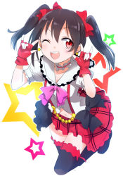 Rule 34 | 10s, 1girl, ;d, \m/, black hair, blush, bokura wa ima no naka de, bow, double \m/, earrings, fingerless gloves, gloves, gotyou, hair bow, jewelry, looking at viewer, love live!, love live! school idol project, nico nico nii, one eye closed, open mouth, red eyes, short hair, skirt, smile, solo, thighhighs, twintails, wink, yazawa nico