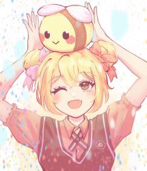 Rule 34 | 1girl, arms up, artist name, blonde hair, bow, brown eyes, collared shirt, commentary, double bun, dress shirt, english commentary, hair bow, hair bun, highres, looking up, object on head, one eye closed, open mouth, orange bow, orange shirt, original, pink bow, riifushi, shirt, short hair, short sleeves, sidelocks, smile, solo, stuffed animal, stuffed bee, stuffed toy, upper body, vest, watermark