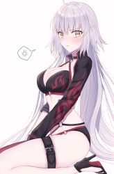 Rule 34 | 1girl, ahoge, anger vein, bikini, black bikini, black choker, black footwear, black gloves, black jacket, blush, breasts, choker, cleavage, closed mouth, cropped jacket, fate/grand order, fate (series), gloves, high heels, highres, jacket, jeanne d&#039;arc alter (swimsuit berserker) (fate), jeanne d&#039;arc (fate), jeanne d&#039;arc alter (fate), jeanne d&#039;arc alter (swimsuit berserker) (fate), large breasts, long hair, long sleeves, looking at viewer, meltymaple, o-ring, o-ring bikini, pale skin, red thighhighs, shrug (clothing), silver hair, simple background, single thighhigh, sitting, solo, spoken anger vein, swimsuit, thigh strap, thighhighs, very long hair, wariza, white background, yellow eyes