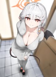 Rule 34 | 1girl, absurdres, blue archive, breasts, cleavage, facing viewer, grey hair, haruna (blue archive), highres, indoors, kagi f, large breasts, looking at viewer, red eyes, smile, solo, standing