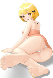 Rule 34 | 1girl, absurdres, ahoge, ass, back, bare arms, bare legs, bare shoulders, barefoot, bat hair ornament, blonde hair, blush, breasts, dress, fang, feet, fingernails, foot focus, foreshortening, full body, gold nails, hair ornament, hairclip, highres, hololive, large breasts, legs, looking at viewer, looking back, lying, nail polish, on side, open mouth, orange dress, orange eyes, panties, shadow, short dress, short hair, simple background, skin fang, soles, solo, swept bangs, tamagotozi3420, thighs, toe scrunch, toenail polish, toenails, toes, underwear, virtual youtuber, white background, white panties, yellow nails, yozora mel