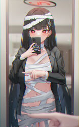 Rule 34 | 1girl, bandages, black hair, black nails, blue archive, blunt bangs, blurry, blurry foreground, breasts, bright pupils, covering nipples, covering privates, female pov, hair ornament, hairclip, halo, holding, holding phone, indoors, large breasts, long hair, looking at mirror, meme, mijikayo, mirror, one finger selfie challenge (meme), phone, pov, red eyes, reflection, reflection focus, rio (blue archive), solo, taking picture