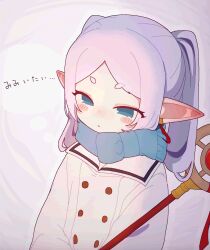 Rule 34 | 1girl, banananosongen, blue eyes, blush stickers, coat, commentary request, earrings, elf, expressionless, frieren, grey hair, highres, jewelry, long hair, mage staff, parted bangs, pointy ears, scarf, short eyebrows, solo, sousou no frieren, twintails, upper body, winter clothes