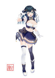 Rule 34 | 1girl, absurdres, amano nene (vtuber), asymmetrical legwear, blue hair, blush, boots, bracelet, breasts, cleavage, gloves, green eyes, highres, idol, jewelry, large breasts, long hair, looking at viewer, midriff, mismatched legwear, navel, one eye closed, open mouth, production kawaii, shima koume, skirt, solo, thighhighs, virtual youtuber