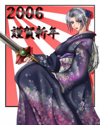 Rule 34 | 00s, 1041 (toshikazu), 1girl, 2006, blue eyes, flower, grey hair, hair flower, hair ornament, isabella valentine, japanese clothes, looking at viewer, solo, soul calibur, sword, weapon