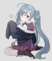 Rule 34 | 1girl, ahoge, black jacket, boots, bow, bowtie, brown footwear, character name, cross-laced footwear, dress, from behind, grey background, grey hair, hair bun, halterneck, jacket, kantai collection, kirihota, kiyoshimo (kancolle), lace-up boots, long hair, looking at viewer, low twintails, pantyhose, purple eyes, purple pantyhose, shirt, simple background, single hair bun, single side bun, sitting, sleeves past wrists, solo, twintails, twitter username, very long hair, white shirt