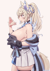 Rule 34 | 1girl, animal ear fluff, animal ears, animal hands, bare shoulders, blonde hair, blush, breasts, collar, dog ears, dog tail, frills, fuwawa abyssgard, fuwawa abyssgard (new year), gloves, hair ornament, highres, hololive, hololive english, kanachirou, large breasts, long hair, paw gloves, pleated skirt, ponytail, purple eyes, sideboob, sideless kimono, skirt, solo, tail, thighhighs, virtual youtuber
