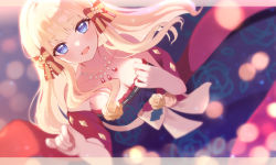 Rule 34 | 1girl, blonde hair, blue eyes, blush, bow, breasts, christmas, hair bow, hair ornament, hasu (velicia), highres, large breasts, letterboxed, long hair, looking at viewer, open mouth, princess connect!, saren (christmas) (princess connect!), saren (princess connect!), smile, solo