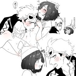 Rule 34 | 1boy, 1girl, beanie, blush, bottomless, breasts, chinese text, closed eyes, clothes lift, collarbone, creatures (company), eye contact, eyewear on head, fang, game freak, guzma (pokemon), hand on own chest, hand up, happy, hat, heart, hood, hoodie, licking, looking at another, messy hair, monochrome, multicolored hair, multiple views, navel, nintendo, nipples, open mouth, pokemon, pokemon sm, profile, saliva, selene (pokemon), shirt, shirt lift, short hair, short sleeves, simple background, small breasts, smile, sparkle, speech bubble, spoken heart, spot color, sunglasses, sweat, talking, team skull, tears, text focus, thought bubble, tongue, tongue out, translation request, trembling, two-tone hair, white background, zuizi