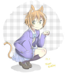 Rule 34 | 10s, 1girl, animal ears, bell, black footwear, blazer, blue bow, blue bowtie, blue socks, bow, bowtie, buta (rennto3), cat ears, cat tail, dated, fang, fang out, from side, full body, green eyes, hair between eyes, hand in pocket, happy birthday, hoshizora rin, jacket, jingle bell, kemonomimi mode, kneehighs, loafers, long sleeves, looking at viewer, love live!, love live! school idol project, miniskirt, orange hair, paw pose, plaid, plaid background, pleated skirt, shoes, short hair, skirt, smile, socks, solo, squatting, striped bow, striped bowtie, striped clothes, striped neckwear, sweater vest, tail, tail bell, tail ornament