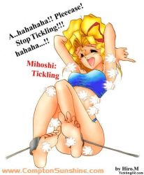 Rule 34 | armpits, artist request, bdsm, bikini, blonde hair, blush, bondage, bound, bound ankles, closed eyes, feet, tickling feet, grabber tool, kuramitsu mihoshi, laughing, multiple hands, open mouth, ribbon, soles, spread toes, swimsuit, tears, tenchi muyou!, tickling, toes