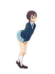 Rule 34 | 1girl, bad id, bad pixiv id, brown eyes, brown hair, full body, glasses, hands on thighs, highres, k-on!, kanau, leaning forward, loafers, looking at viewer, manabe nodoka, open mouth, red-framed eyewear, school uniform, semi-rimless eyewear, shoes, short hair, skirt, socks, solo, white background