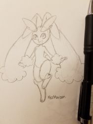 Rule 34 | 1girl, animal ears, animal hands, artist name, creatures (company), female focus, full body, furry, furry female, game freak, gen 4 pokemon, greyscale, happy, highres, leg up, lopunny, mechanical pencil, mezmaroon, monochrome, nintendo, open mouth, pencil, photo (medium), pokemon, pokemon (creature), rabbit ears, signature, sketch, smile, solo, standing, standing on one leg, traditional media