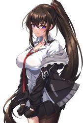 Rule 34 | 1girl, absurdres, black gloves, black skirt, blush, bra visible through clothes, breasts, brown hair, cleavage, closed mouth, coat, collarbone, collared shirt, counter:side, cowboy shot, elze (s01047480836), gloves, hair between eyes, highres, large breasts, long hair, looking at viewer, loose necktie, miniskirt, necktie, open clothes, open coat, pleated skirt, ponytail, purple eyes, red necktie, shirt, sidelocks, simple background, single leg pantyhose, skirt, solo, v arms, very long hair, white shirt, yoo mina
