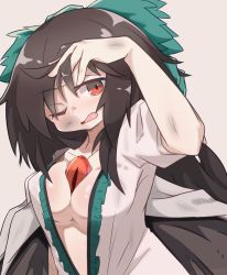 Rule 34 | 1girl, bird wings, blush, bow, breasts, brown hair, brown wings, cape, center frills, cleavage, commentary request, frills, green bow, grey background, hair bow, highres, large breasts, long hair, looking at viewer, one eye closed, open clothes, open mouth, open shirt, puffy short sleeves, puffy sleeves, red eyes, reiuji utsuho, scratches, shirt, short sleeves, simple background, solo, third eye, touhou, upper body, white cape, white shirt, wings, yayuyoyayuyo