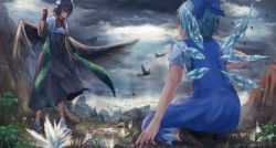 Rule 34 | 2girls, bird, black hair, black skirt, black wings, blue bow, blue dress, blue hair, bow, cirno, cloud, cloudy sky, dress, from behind, geta, hair bow, hakama, hakama short skirt, hakama skirt, ice, ice wings, index finger raised, japanese clothes, looking at another, multiple girls, pom pom (clothes), puffy short sleeves, puffy sleeves, red bow, red eyes, red neckwear, roke (taikodon), seiza, shameimaru aya, shoes, short hair, short sleeves, sitting, skirt, sky, socks, touhou, white legwear, wings