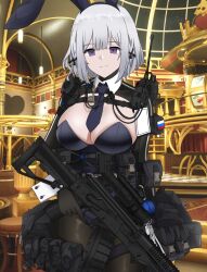 Rule 34 | 1girl, absurdres, ammunition pouch, animal ears, black pantyhose, blue necktie, breasts, casino, closed mouth, commentary, cuff links, defy (girls&#039; frontline), detached collar, drum magazine, english commentary, fake animal ears, girls&#039; frontline, gloves, grey hair, hair ribbon, highres, holding, holding weapon, large breasts, leotard, light machine gun, light smile, long sleeves, looking at viewer, magazine (weapon), msa major, necktie, pantyhose, playboy bunny, pouch, purple eyes, radio antenna, ribbon, rpk-16, rpk-16 (girls&#039; frontline), russian flag, scope, short hair, solo, tactical playboy bunny, tape, trigger discipline, weapon