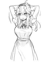 Rule 34 | 1girl, adjusting hair, arms up, blush, breasts, cain (gunnermul), character request, closed mouth, copyright request, expressionless, greyscale, hair tie, hair tie in mouth, hairband, large breasts, long sleeves, looking away, monochrome, mouth hold, sketch, solo, upper body