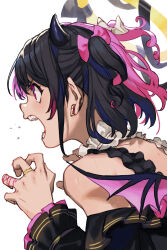 Rule 34 | 1girl, amaki pururu, bare shoulders, black hair, claw pose, demon horns, demon wings, detached collar, detached sleeves, earrings, from behind, horns, hungry clicker, indie virtual youtuber, jewelry, long sleeves, multicolored hair, open mouth, pink eyes, pink hair, short hair, short twintails, solo, twintails, two-tone hair, upper body, virtual youtuber, wings