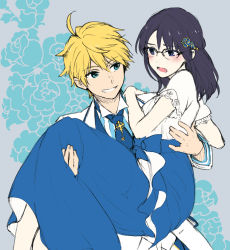 Rule 34 | 1boy, 1girl, ahoge, alternate costume, arthur pendragon (fate), arthur pendragon (white rose) (fate), black hair, blonde hair, blue dress, blue eyes, blue flower, blue neckwear, blue rose, blush, carrying, dress, fate/grand order, fate/prototype, fate (series), floral background, flower, formal, glasses, green eyes, hair between eyes, hair ornament, hand on another&#039;s shoulder, isshoku (shiki), long hair, looking at another, multicolored clothes, multicolored dress, necktie, open mouth, princess carry, rose, sajou ayaka (fate/prototype), short hair, smile, suit, teeth, white dress, white suit