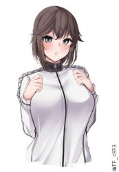 Rule 34 | 1girl, black hair, grey eyes, hands on own chest, hayasui (kancolle), highres, jacket, kantai collection, one-hour drawing challenge, parted lips, short hair, simple background, solo, tf cafe, track jacket, twitter username, upper body, white background, white jacket