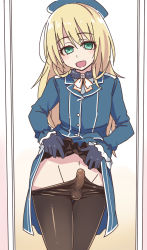 Rule 34 | 1boy, atago (kancolle), atago (kancolle) (cosplay), blonde hair, blush, bulge, clothes pull, cosplay, crossdressing, erection, erection under clothes, gloves, green eyes, hat, highres, kantai collection, kinta (kinta no mousou), lifted by self, long hair, male focus, mirror, original, pantyhose, pantyhose pull, penis, penis in pantyhose, smile, solo, testicles, trap