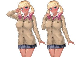Rule 34 | 1girl, :q, absurdres, blazer, blue eyes, blush, breasts, chiibou (shoukasen), cowboy shot, female focus, gyaru, hand up, head tilt, highres, jacket, kuro gal imouto ni nakadashi!, large breasts, legs, licking, licking lips, long sleeves, looking at viewer, multicolored hair, necktie, original, parted lips, school uniform, simple background, skirt, smile, solo, standing, thighs, tongue, tongue out, twintails, two-tone hair, v, white background