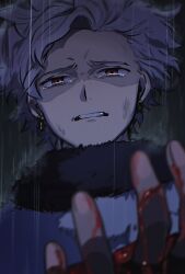 Rule 34 | 1boy, black clover, black clover: sword of the wizard king, blood, blood on hands, brakuro oji, clenched teeth, crying, earrings, fur trim, half-closed eyes, highres, jester garandros, jewelry, looking at viewer, male focus, open hand, rain, sad, short hair, solo, tearing up, teeth, upper body